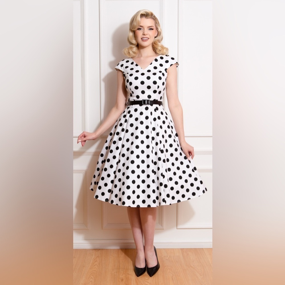 Vintage Inspired Black White Polka Dot Fit Flare Dress  Rockabilly Pinup Swing